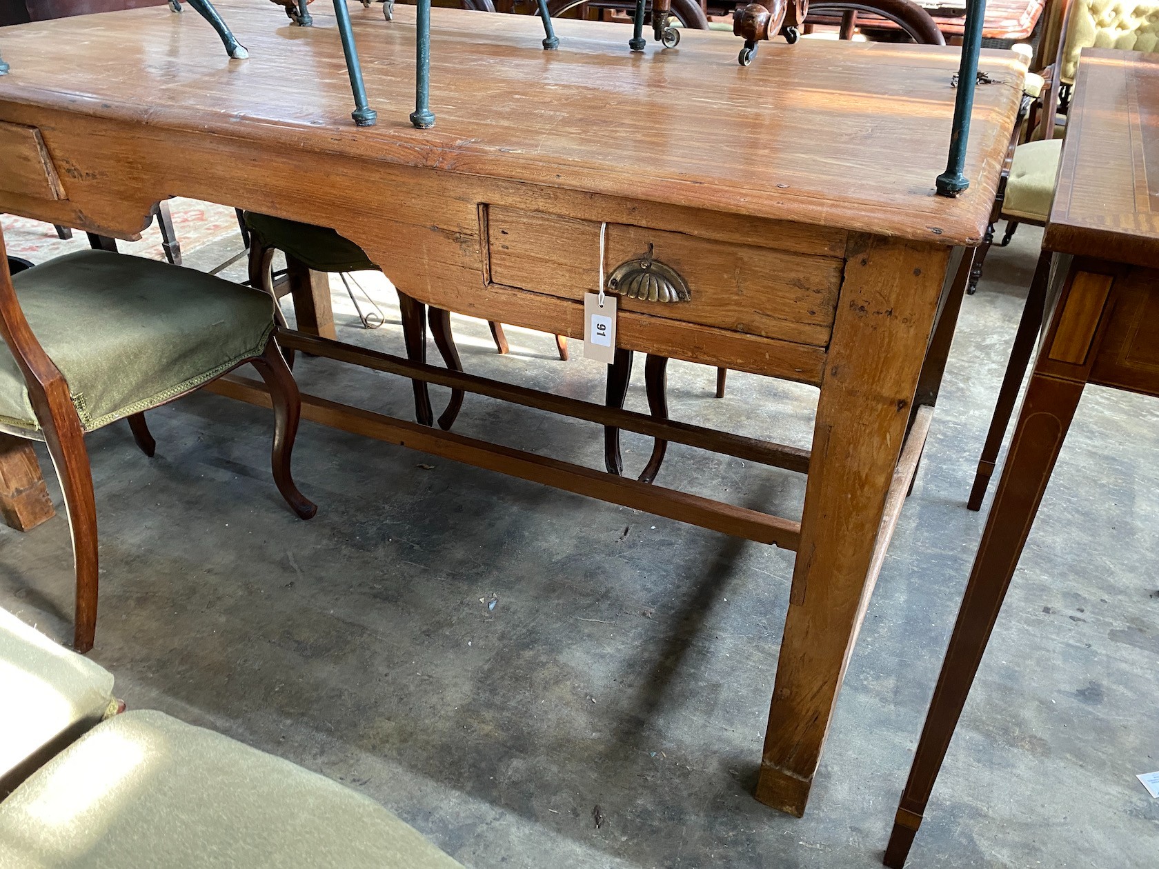 A rectangular hardwood two drawer kneehole writing table, length 150cm, width 90cm, height 80cm